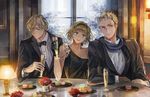  2boys 38ban alcohol arm_grab arm_rest axis_powers_hetalia bangs bare_shoulders belgium_(hetalia) black_bow black_dress black_gloves black_jacket black_neckwear blonde_hair bow bowtie brother_and_sister brothers champagne champagne_flute collarbone collared_shirt corsage cup dress dress_shirt drinking_glass earrings elbow_rest elbows_on_table flower food formal gloves green_eyes hair_over_one_eye hairband head_tilt holding holding_cup indoors jacket jewelry lamp long_sleeves looking_at_viewer looking_away looking_to_the_side luxembourg_(hetalia) macaron multiple_boys netherlands_(hetalia) off-shoulder_dress off_shoulder open_mouth plate shirt short_hair siblings sleeveless smile spiked_hair suit table toast_(gesture) tuxedo white_shirt window 