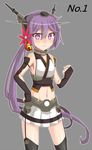  :&lt; akebono_(kantai_collection) bell blush clenched_hand cosplay elbow_gloves fingerless_gloves flower gloves hair_bell hair_flower hair_ornament hand_on_hip jingle_bell kantai_collection long_hair midriff miniskirt nagato_(kantai_collection) nagato_(kantai_collection)_(cosplay) navel purple_eyes purple_hair side_ponytail skirt sleeveless solo thighhighs very_long_hair yuki_to_hana 