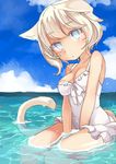  1girl animal_ears animal_tail bare_shoulders blind blue_eyes breasts cleavage final_fantasy final_fantasy_xiv kajio_(maburo) miqo&#039;te miqo'te short_hair swimsuit tail water white_hair y&#039;shtola y'shtola 