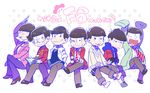  :3 black_hair brothers buck_teeth cardigan dasshu_(dashi_now) f6 grin iyami male_focus matsuno_choromatsu matsuno_ichimatsu matsuno_juushimatsu matsuno_karamatsu matsuno_osomatsu matsuno_todomatsu multiple_boys necktie one_eye_closed osomatsu-kun osomatsu-san school_uniform sextuplets siblings sleeves_past_wrists smile 