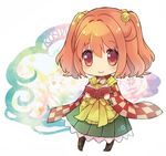  apron bangs bell book boots checkered chibi hair_bell hair_bobbles hair_ornament japanese_clothes motoori_kosuzu open_book reading red_eyes red_hair sen1986 short_hair smile solo touhou two_side_up wide_sleeves yellow_apron 