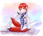  arm_support arsloid bandaid bandaid_on_face beamed_sixteenth_notes boots character_name eighth_note headphones male_focus musical_note pants red_eyes red_hair red_pants school_uniform single_vertical_stripe sitting smile solo tsukimi_(tsukim512) vocaloid 
