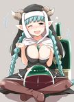  ;d alcohol between_breasts blush bottle braid breasts cleavage draph drunk granblue_fantasy green_hair grey_background horns indian_style kichihachi lamretta large_breasts long_hair looking_at_viewer nun one_eye_closed open_mouth pantyhose pointy_ears red_eyes sitting smile solo twin_braids wine 