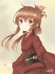  artist_name bad_id bad_pixiv_id badge brown_eyes brown_hair closed_mouth commentary_request folded_ponytail inazuma_(kantai_collection) japanese_clothes kantai_collection kimono kotanu_(kotanukiya) long_hair long_sleeves ponytail red_kimono smile solo wide_sleeves yukata 