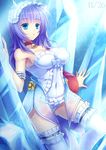  aqua_eyes armpits bare_shoulders bell bell_collar blue_eyes breasts character_request collar commentary_request copyright_request covered_navel crystal dated dress headdress hino_(mooncalf+t) large_breasts long_hair purple_hair solo thighhighs white_dress white_legwear 