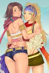  2girls arm_around_waist ass bandanna beads blonde_hair blue_eyes braid breasts butt_crack cleavage cousins final_fantasy final_fantasy_x final_fantasy_x-2 green_eyes heterochromia linart looking_back multiple_girls rikku scarf short_shorts shorts skirt smile thong wedgie yuna 