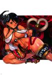  abs absurdres arm_support bare_shoulders black_hair breasts cleavage dark_skin earrings f.s. fishnet_legwear fishnets green_eyes highres huge_breasts jewelry long_hair lunaluna_(queen's_blade) midriff multicolored_hair navel official_art pearl_thong queen's_blade queen's_blade_rebellion revealing_clothes sandals shoes smile thighhighs 