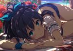  bad_id bad_pixiv_id beach beach_chair black_hair blue_bow blue_eyes blurry blurry_background blush bow breasts cleavage closed_mouth denim denim_shorts depth_of_field flower ganaha_hibiki hair_bow hibiscus idolmaster idolmaster_(classic) lens_flare long_hair looking_at_viewer lying midriff narumi_arata ocean on_side outdoors palm_tree petals ponytail shirt short_sleeves shorts small_breasts smile solo stomach thigh_gap thighs tree white_shirt wristband 