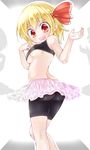  alternate_costume ass back bike_shorts blonde_hair blush breasts gplnbeat hair_ornament hair_ribbon highres looking_at_viewer looking_back medium_breasts midriff open_mouth red_eyes ribbon rumia short_hair skirt smile solo sports_bra touhou tutu underboob white_background 