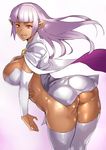  absurdres arcana_heart arched_back ass breasts cleavage dark_skin gradient gradient_background highres large_breasts leaning_forward long_hair looking_at_viewer looking_back parace_l'sia pointy_ears pokkora purple_background purple_hair red_eyes shiny shiny_skin smile solo thighhighs thighs white_background white_legwear 