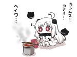  blush_stickers chibi commentary eighth_note fan fish goma_(gomasamune) grill grilling kantai_collection musical_note northern_ocean_hime red_eyes saury shichirin shinkaisei-kan sitting sketch solo translated white_hair 