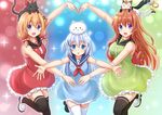  &gt;_&lt; :3 :d :o ^_^ angora_rabbit animal bare_arms black_legwear blonde_hair blue_dress blue_eyes blue_hair brown_hair bunny cat closed_eyes dress flower gochuumon_wa_usagi_desu_ka? green_dress hair_flower hair_ornament hairclip heart_arms_duo highres hoto_cocoa hoto_mocha kafuu_chino kazenokaze leg_up looking_at_viewer multiple_girls multiple_tails nichijou open_mouth outstretched_arms pose purple_eyes red_dress sailor_dress sakamoto_(nichijou) shoes sleeveless sleeveless_dress smile sparkle standing standing_on_one_leg tail thighhighs tippy_(gochiusa) two_tails white_legwear x_hair_ornament zettai_ryouiki 