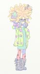  anemo_(splatoon) animal animal_print belt black_footwear blonde_hair blush boots clownfish colored_eyelashes fish freckles full_body gradient_hair green_eyes green_shirt hair_ornament headphones headphones_around_neck hood hood_down hooded_jacket jacket kumano_(splatoon) long_sleeves looking_up multicolored_hair nagisa_kurousagi open_clothes open_jacket open_mouth orange_hair orange_legwear pantyhose shirt short_hair silver_background skull sleeves_past_wrists solo splatoon_(series) splatoon_1 squid standing star star_hair_ornament starfish tentacle_hair 