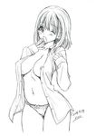  areola_slip areolae blush breasts dated large_breasts mitarashi_kousei monochrome no_bra one_eye_closed open_clothes open_mouth open_shirt panties shirt short_hair simple_background sketch solo underwear white_background 