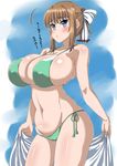  ahoge bare_shoulders bikini blue_eyes blush breasts brown_hair green_bikini huge_breasts komusou_(jinrikisha) long_hair navel ooba_minori original pursed_lips side-tie_bikini solo swimsuit thighs translation_request 