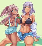  :q ass bare_shoulders blue_eyes breasts cleavage commentary_request dark_skin denim denim_shorts hai_ookami highres jitome large_breasts long_hair looking_at_viewer midriff multiple_girls navel original overalls pink_eyes pink_hair purple_hair short_shorts shorts siblings simple_background sisters skindentation strap_slip suspenders tongue tongue_out yellow_background 