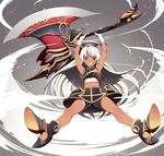  absurdres arms_up axe battle_axe boots carrying_overhead dark_skin gloves hat highres kyousin long_hair long_legs looking_at_viewer midriff phantom_of_the_kill red_eyes smile solo very_long_hair weapon white_gloves white_hair 