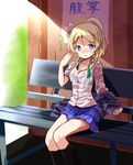  ayase_eli bench black_legwear blonde_hair blue_eyes bra commentary_request fanning_face highres hot love_live! love_live!_school_idol_project ponytail scrunchie see-through shipii_(jigglypuff) shirt sitting skirt solo sweat underwear wet wet_clothes wet_shirt 