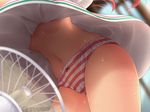  bow bow_panties breasts cameltoe close-up dress electric_fan extended_upskirt fanning_crotch from_below head_out_of_frame highres hot kantai_collection leaning_forward libeccio_(kantai_collection) long_hair navel panties red_hair short_dress small_breasts solo stomach striped striped_panties sweat tan thighs underboob underwear upskirt utahane wet wet_clothes wet_panties white_dress wind wind_lift 