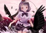  belt bird black_hair blurry blush camera crow deviantart_sample furisuku hat image_sample looking_at_viewer miniskirt pom_pom_(clothes) puffy_sleeves red_eyes ribbon shameimaru_aya shirt short_hair short_sleeves skirt smile solo sparkle string tokin_hat touhou water 