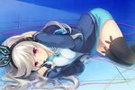  black_legwear headphones krt_girls long_hair lying nana_(krt_girls) on_side red_eyes shinia silver_hair solo thighhighs 