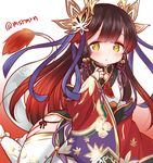  black_hair blush chinese_clothes gradient_hair hair_ornament hair_ribbon long_hair looking_at_viewer marshmallow_mille multicolored_hair puzzle_&amp;_dragons red_hair ribbon solo tail thighhighs tsubaki_(p&amp;d) twitter_username yellow_eyes 