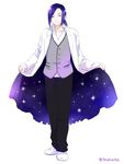  arsmagna closed_eyes kurou_kentou labcoat male_focus ponytail purple_hair smile solo starry_sky_print tsukimi_(tsukim512) twitter_username 