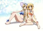  absurdres ankle_ribbon arm_rest arm_support bangs bare_arms bare_legs bare_shoulders barefoot between_legs bikini blonde_hair blue_background blue_bikini blue_bow blue_eyes blue_hairband blue_ribbon blush bow bracelet breasts cecilia_alcott charlotte_dunois cleavage cup drill_hair drink drinking drinking_straw eyebrows_visible_through_hair floral_print frilled_bikini frills front-tie_bikini front-tie_top gradient gradient_background groin hair_between_eyes hair_ribbon hairband hand_between_legs hat highres holding holding_cup horii_kumi infinite_stratos jewelry knee_up knees_up large_breasts legs_together lolita_hairband long_hair long_legs looking_at_viewer low_ponytail medium_breasts multiple_girls navel necklace official_art on_ground orange_bikini orange_ribbon pendant ponytail purple_eyes purple_ribbon ribbon side-tie_bikini sideboob sitting smile stomach strap_slip sun_hat swimsuit very_long_hair 
