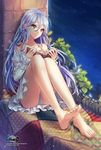  bad_id bad_pixiv_id bare_shoulders barefoot book braid feet full_body green_eyes interitio legs long_hair long_legs night panties purple_hair sitting sky smile soles solo toes underwear unleashed 