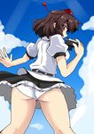  ass brown_hair camera cloud day from_below harukatron hat highres panties pantyshot red_eyes shameimaru_aya short_hair sky solo tokin_hat touhou underwear white_panties 