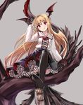  bat_wings black_legwear black_skirt blonde_hair boot_removed boots demon_tail flower frilled_skirt frills granblue_fantasy head_wings highres long_hair long_sleeves looking_at_viewer multiple_tails pointy_ears red_eyes red_flower red_rose rose shingeki_no_bahamut shirt single_boot skirt smile solo tail thighhighs vampire vampy very_long_hair white_shirt wings yasu_(yossy) 