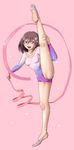  1girl artist_request blush brown_hair cameltoe chiwa_(chiwa0617) female full_body gymnastics highres leg_up legs leotard open_mouth purple_eyes ribbon simple_background solo 