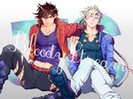  blonde_hair bloody_stream caesar_anthonio_zeppeli facial_mark fingerless_gloves gloves headband jacket jojo_no_kimyou_na_bouken joseph_joestar_(young) koeri male_focus midriff multiple_boys pants purple_jacket torn_clothes torn_pants 