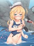  ahoge bite_mark blonde_hair blush breasts commentary_request covering covering_breasts glasses green_eyes groin hair_ribbon hat highres i-8_(kantai_collection) kantai_collection long_hair looking_at_viewer low_twintails medium_breasts name_tag navel one-piece_swimsuit peaked_cap red-framed_eyewear ribbon school_swimsuit smile solo swimsuit tachimi_(basue) torn_clothes torn_swimsuit twintails wading water wet 