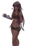  :d abs amputee bike_shorts black_hair blush breasts brown_eyes cleavage dark_skin dumbbell exercise katawa_shoujo long_hair looking_at_viewer medium_breasts miura_miki navel open_mouth rtil simple_background smile solo sports_bra sweat toned very_long_hair white_background 