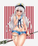  1girl bloodcandy blush commission denim denim_shorts female halberd looking_at_viewer open_\m/ peaked_cap pointy_ears red_eyes serafuku shorts silver_hair solo standing weapon 