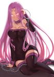  bad_id bad_pixiv_id bare_shoulders black_footwear black_legwear boots breasts cleavage collar detached_sleeves dress facial_mark fate/hollow_ataraxia fate/stay_night fate_(series) forehead_mark garutaisa highres large_breasts long_hair nameless_dagger purple_eyes purple_hair rider solo thigh_boots thighhighs very_long_hair zettai_ryouiki 