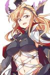  :d blonde_hair blush breasts cape granblue_fantasy hairband head_wings large_breasts long_hair navel open_mouth popped_collar simple_background smile solo song_(granblue_fantasy) takemura_makoto_(hakushikei) white_background yellow_eyes 