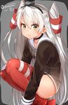  amatsukaze_(kantai_collection) blush brown_eyes dress garter_straps gloves hair_tubes isshiki_(ffmania7) kantai_collection long_hair sailor_dress silver_hair solo squatting striped thighhighs two_side_up 