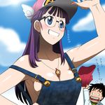  1girl alternate_form arm_up armpits black_hair blue_eyes blush breasts cleavage clothes_writing dr._slump facial_hair glasses grin highres jewelry kakkii large_breasts long_hair mustache naked_overalls necklace no_bra norimaki_arale norimaki_senbei older overalls purple_hair sideboob smile solo_focus strap_slip translated 
