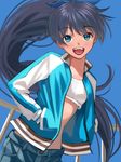 antenna_hair black_hair blue_eyes blush commentary_request fang ganaha_hibiki hair_ribbon hands_in_pockets idolmaster idolmaster_(classic) jacket letterman_jacket long_hair looking_at_viewer nekopuchi open_clothes open_jacket open_mouth ponytail ribbon smile solo very_long_hair 