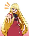  1girl :d blonde_hair cross_eyed dress gloves gradient gradient_background gundam gundam_tekketsu_no_orphans half_updo hand_on_hip head_tilt hime_cut kudelia_aina_bernstein long_hair looking_at_viewer open_hand open_mouth outstretched_hand purple_eyes reaching_out red_dress ribbon single_glove smile solo very_long_hair wanao 
