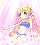  blonde_hair blue_bra blue_eyes blue_panties blue_ribbon bra cinderella_bust curly_hair doll_joints eki_mirin flat_chest hair_ribbon highres long_hair looking_at_viewer navel outstretched_arm panties ribbon rozen_maiden shinku solo twintails underwear underwear_only very_long_hair 