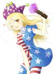  american_flag_dress american_flag_legwear blonde_hair clownpiece fairy_wings hat highres jester_cap long_hair one_eye_closed open_mouth pantyhose smile solo striped striped_legwear torch touhou tsuno_no_hito very_long_hair wings yellow_eyes 