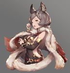  animal_ears arrow black_dress bob_cut bracelet breasts cape cleavage detached_sleeves dress erune granblue_fantasy grey_background grey_eyes grey_hair hair_ornament jewelry medium_breasts one_eye_closed quiver scarf short_hair sideboob simple_background solo supertie sutera_(granblue_fantasy) 