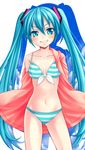  aqua_eyes aqua_hair bad_id bad_pixiv_id bikini cowboy_shot doyagao grin hatsune_miku highres jacket jacket_over_swimsuit kotobuki0101 long_hair looking_at_viewer navel smile solo striped striped_bikini swimsuit twintails very_long_hair vocaloid 