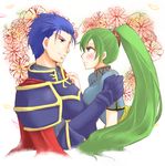  1boy 1girl arm_grab armor blue_eyes blue_hair blush breast_press cape chinese_clothes couple earrings eye_contact face-to-face fire_emblem fire_emblem:_rekka_no_ken floral_background green_eyes green_hair grin heart hector hector_(fire_emblem) hug jewelry long_hair looking_at_another lyndis_(fire_emblem) naughty_face nintendo parted_lips ponytail short_hair short_sleeves shy smile sweatdrop upper_body zumu 