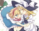  alice_margatroid apron ascot blonde_hair blue_eyes braid broom broom_riding capelet couple hat hug kirisame_marisa long_hair multiple_girls one_eye_closed open_mouth short_hair side_braid touhou tsuno_no_hito waist_apron witch_hat yellow_eyes yuri 