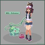  arms_behind_back bag bestiality brown_hair bulbasaur handbag pixel_art pokemon pokemon_(game) purse sismicious tentacle touko_(pokemon) unbuttoned vines 