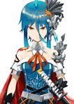  ahoge alternate_costume alternate_hair_length alternate_hairstyle arm_cuffs armor bare_shoulders black_gloves blue_dress blue_hair breasts cape collarbone cover cover_page cross detached_collar diamond dress flower gloves hair_between_eyes hair_flower hair_ornament highres hinanawi_tenshi holding holding_sword holding_weapon looking_at_viewer orange_eyes ribbon short_hair short_hair_with_long_locks simple_background small_breasts smile solo sword sword_hilt tegami_(seka) title touhou weapon white_background 